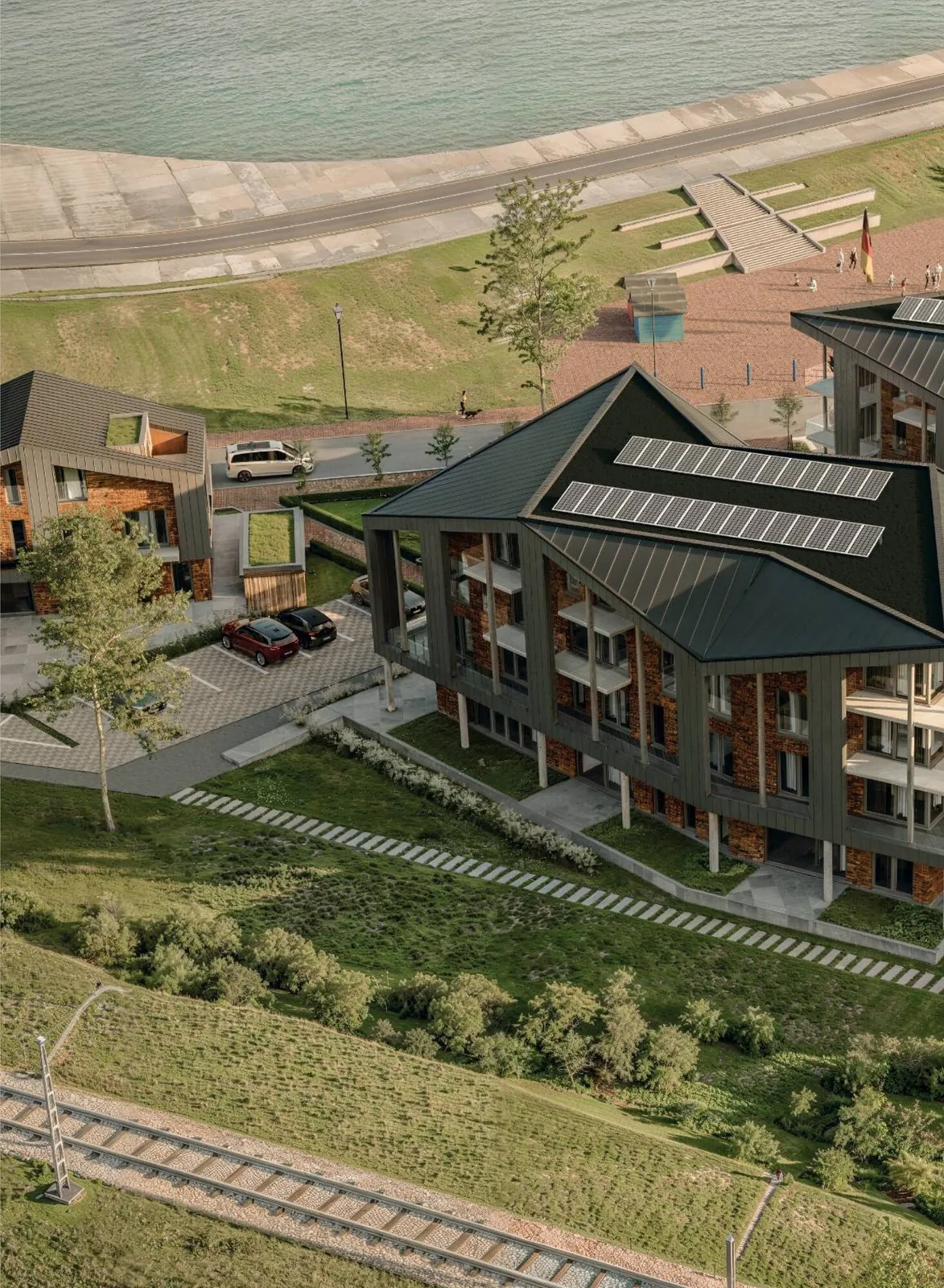 Visualisierung des Gebäudekomplexes THE VIEW aus der Luft am Deich